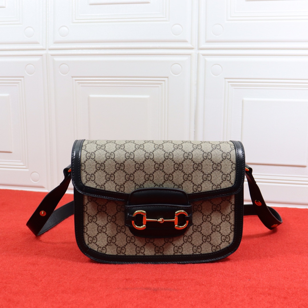 G*u*i HORSEBIT 1955 SHOULDER BAG Beige Black 9.8"W x 7"H x 3.1"D