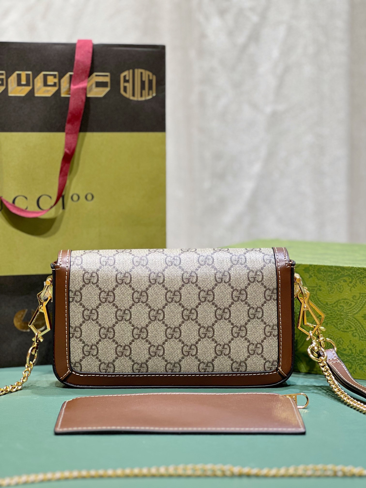 G*u*i HORSEBIT 1955 MINI BAG BROWN 8.5"W x 4.9"H x 1.2"D