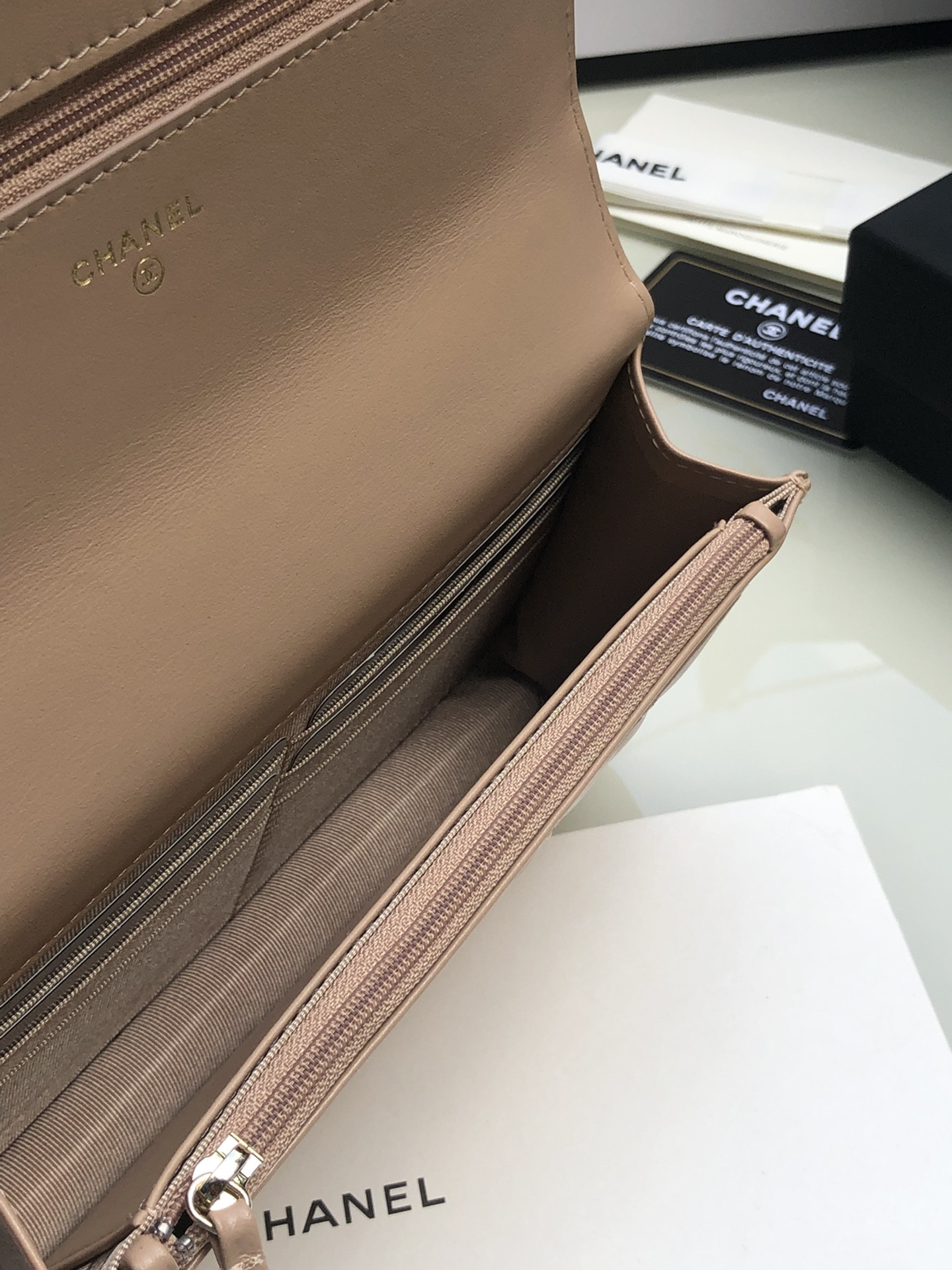 Ch*el CLASSIC WALLET ON CHAIN Pink 4.8 × 7.5 × 1.4 in