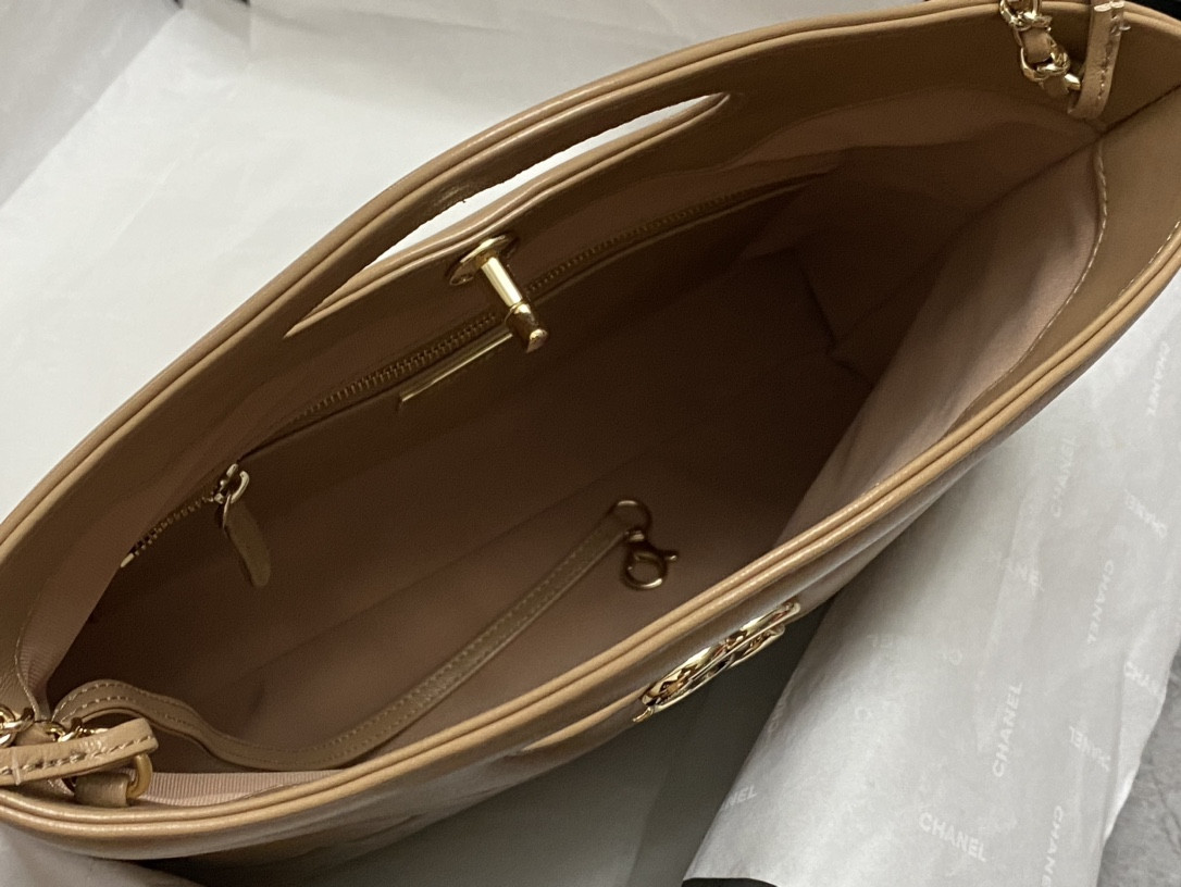 Ch*el SHOPPING BAG Shiny Lambskin & Gold-Tone Metal 11.7 × 11.3 × 3.5 in