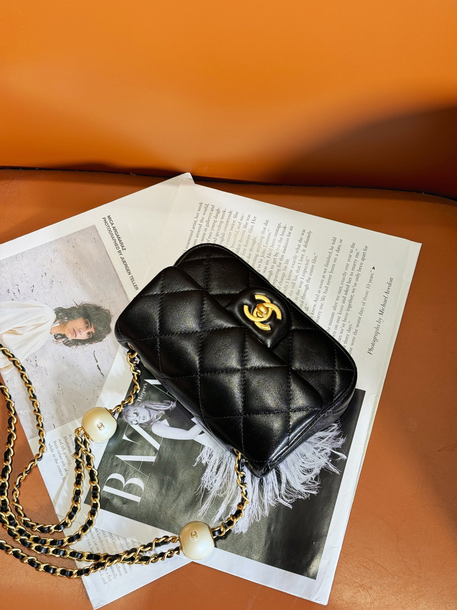 Ch*el MINI CLASSIC HANDBAG Pearl Chain 11.5x17x5cm