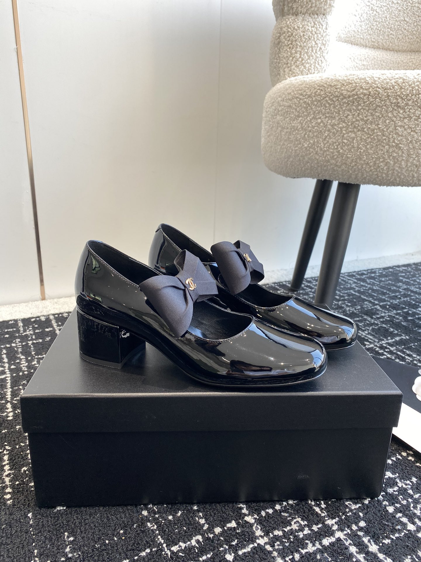 UA Ch*el MARY JANES Patent Calfskin & Grosgrain