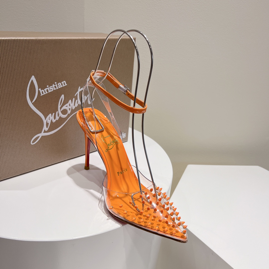 UA Ch**an Louboutin CL pointed toe high-heeled transparent studded sandals