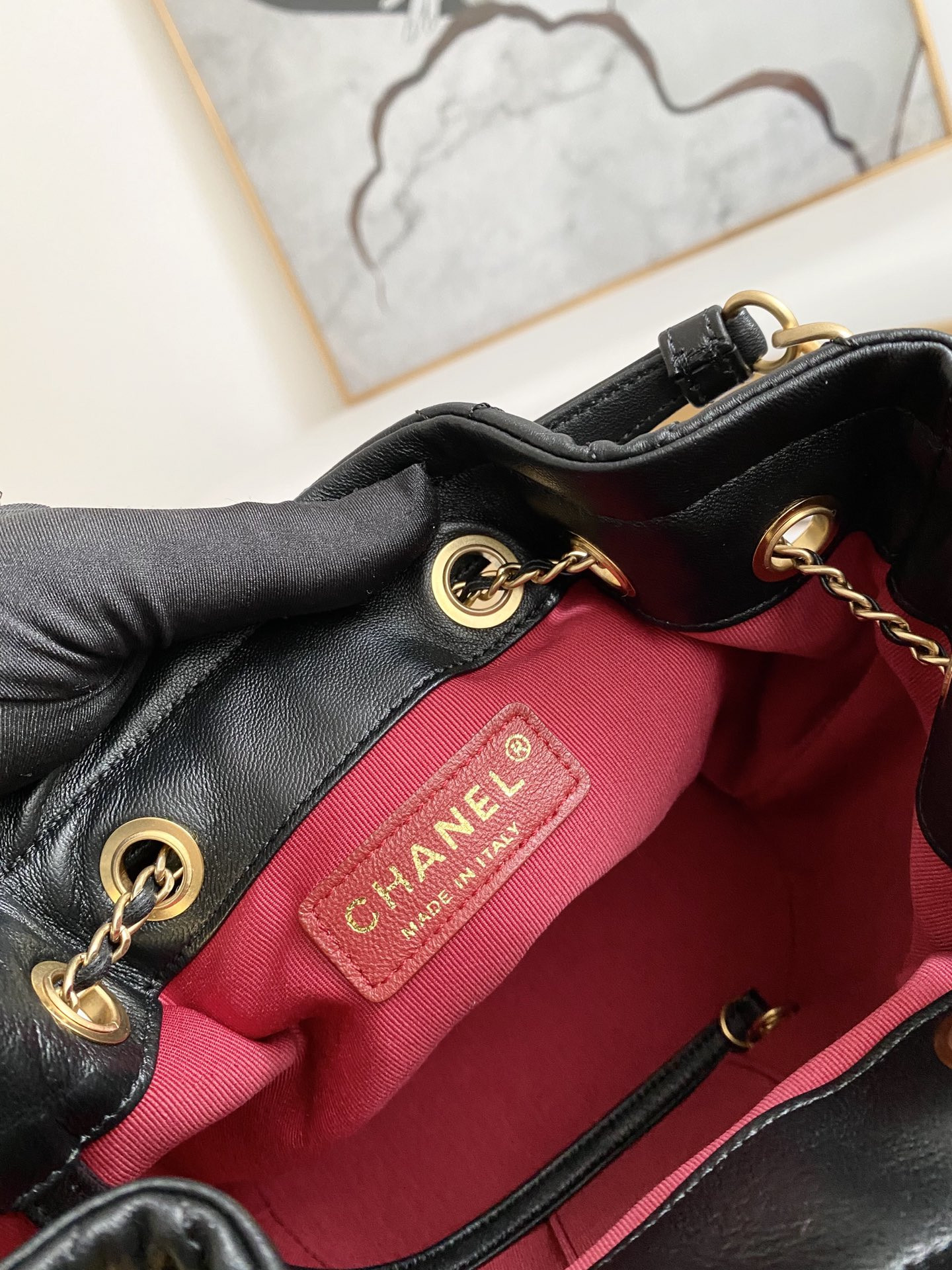 Ch*el Drawstring Button Bucket Bag 21x24x14cm