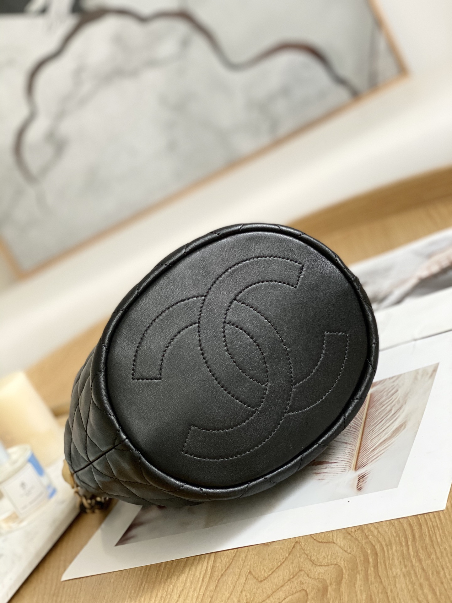 Ch*el Drawstring Button Bucket Bag 21x24x14cm