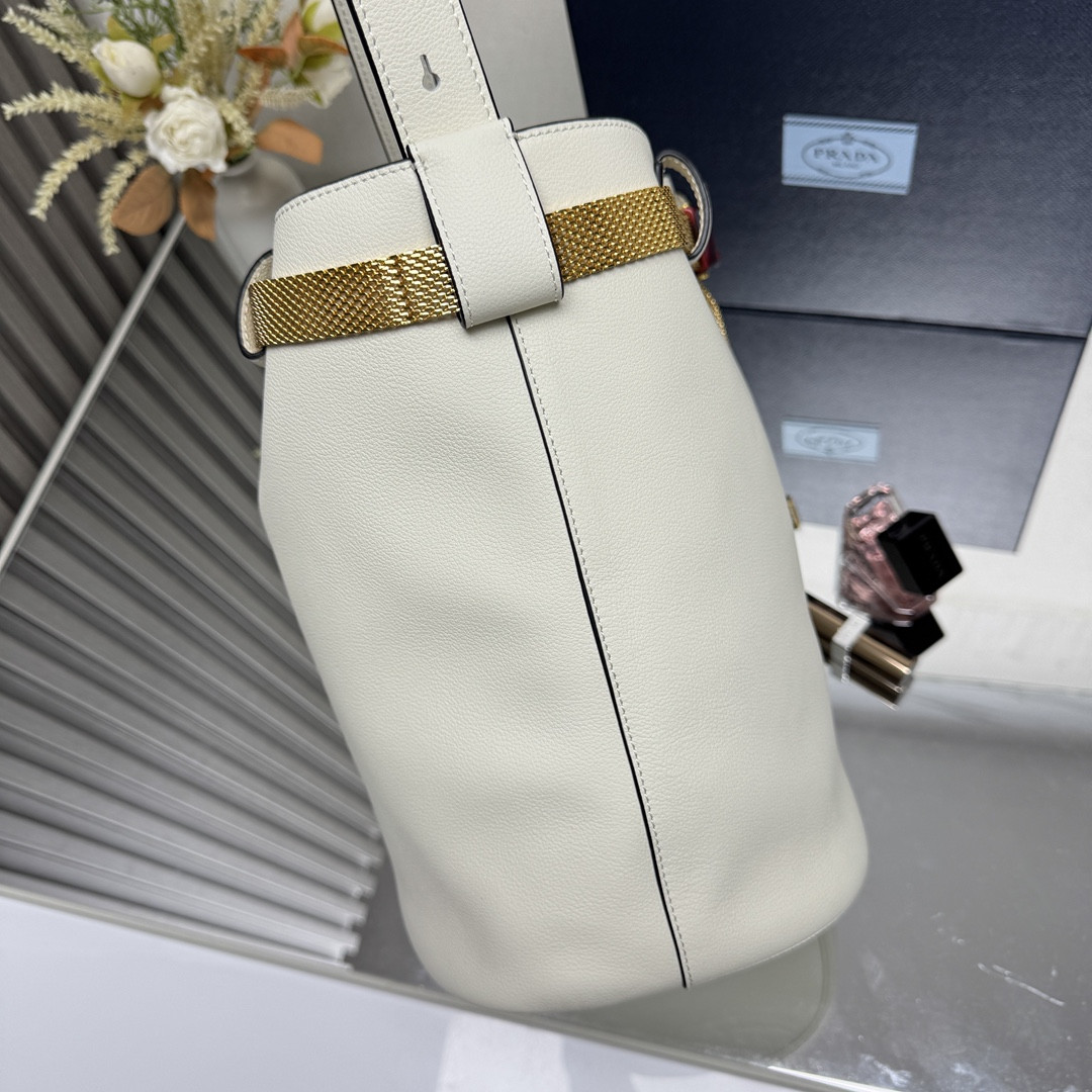 Pra*a Buckle leather bucket bag with jeweled belt 29x26.5x18cm